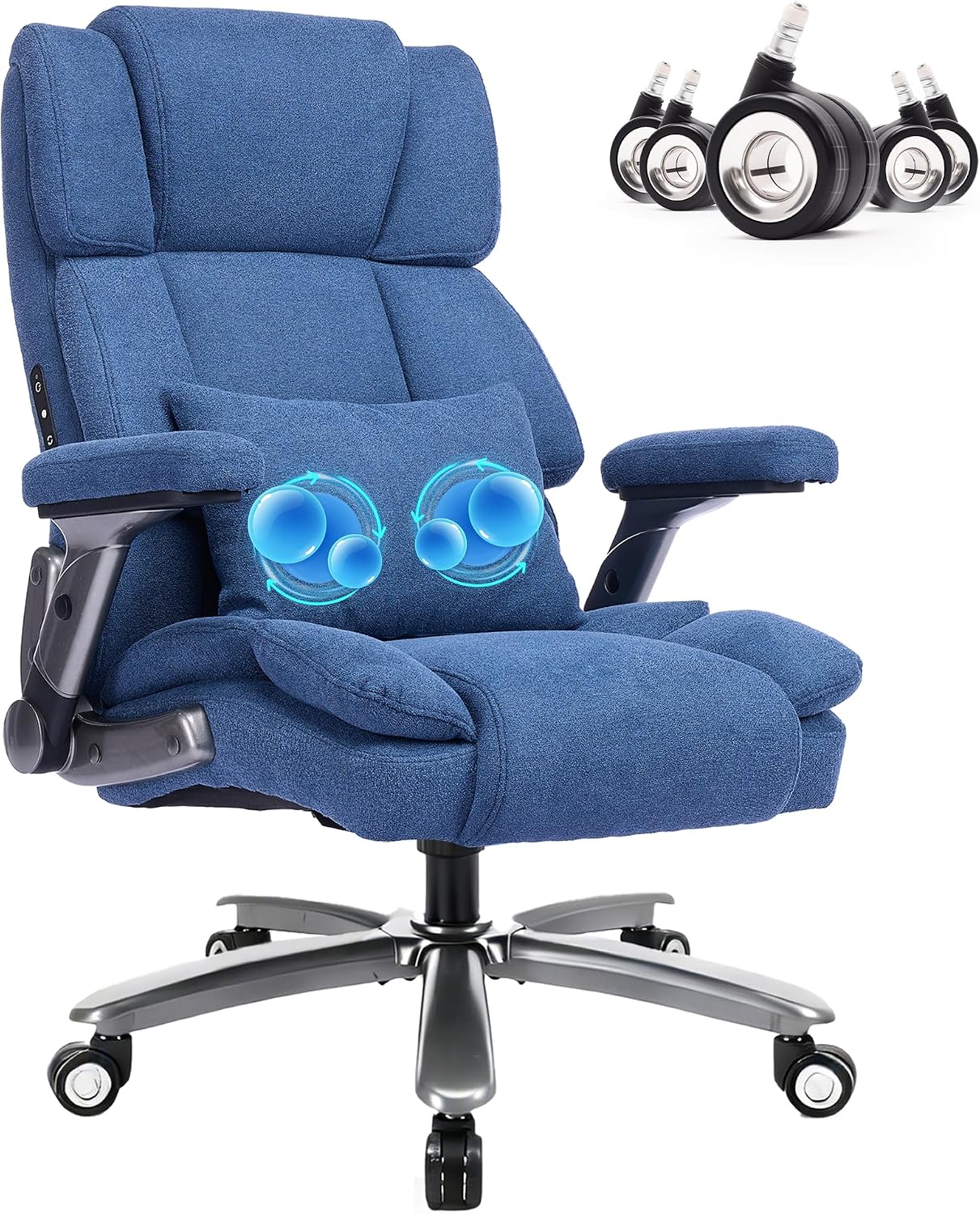 750lbs Heavy Duty Desk Chair with 3D Kneading Massage, Big and Tall Office Chairs with Ergonomic Support, 3D Armrests, 5 Quiet Dual Rubber Wheel, Thick Pocket Spring Cushion(Blue, Fabric)