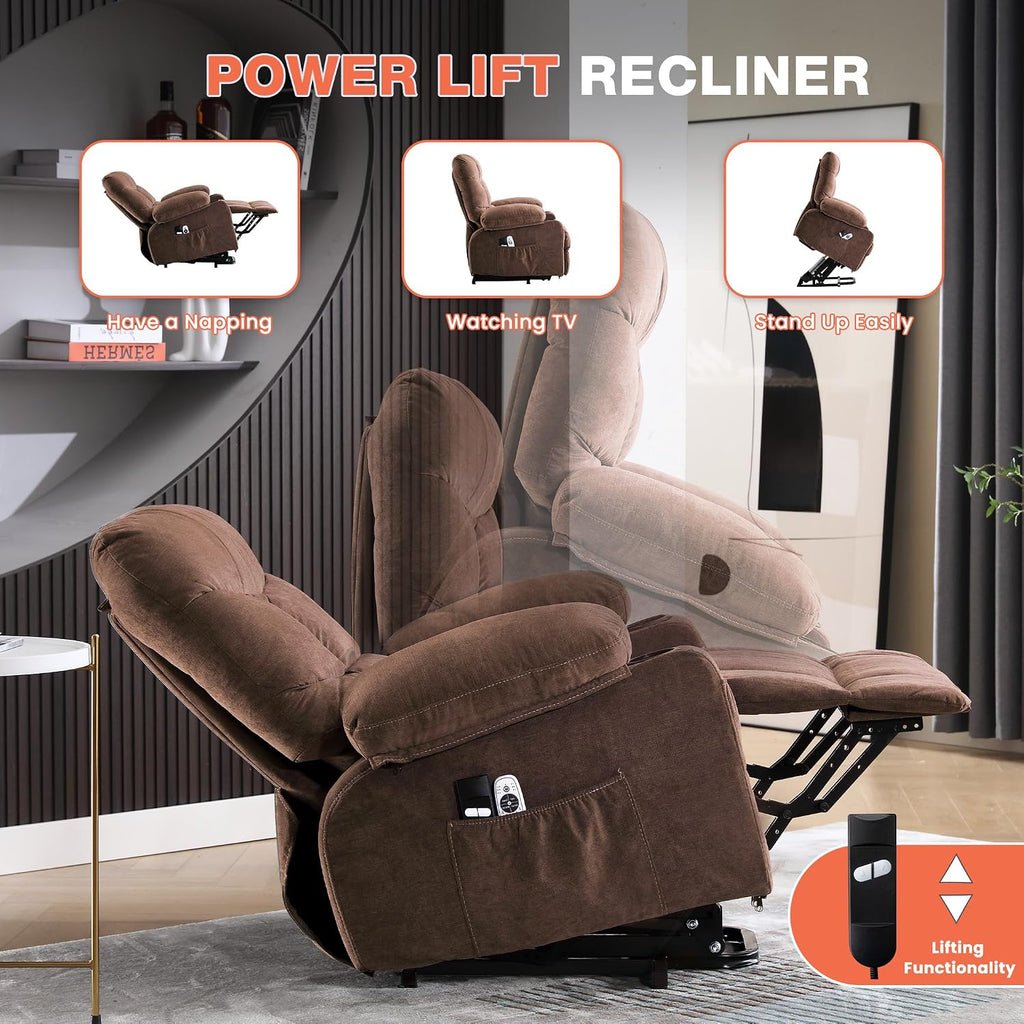 MAHOMICO Power Lift Recliner Chair for Elderly with Vibration Massage and Lumbar Heating, Electric Lift Recliner Single Sofa with Side Pocket, Two Cup Holders and USB Charge Port for Living Room