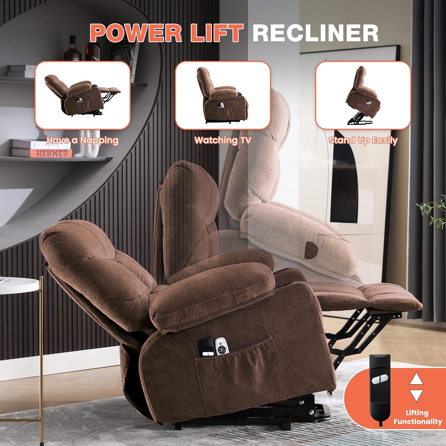 MAHOMICO Power Lift Recliner Chair for Elderly with Vibration Massage and Lumbar Heating, Electric Lift Recliner Single Sofa with Side Pocket, Two Cup Holders and USB Charge Port for Living Room