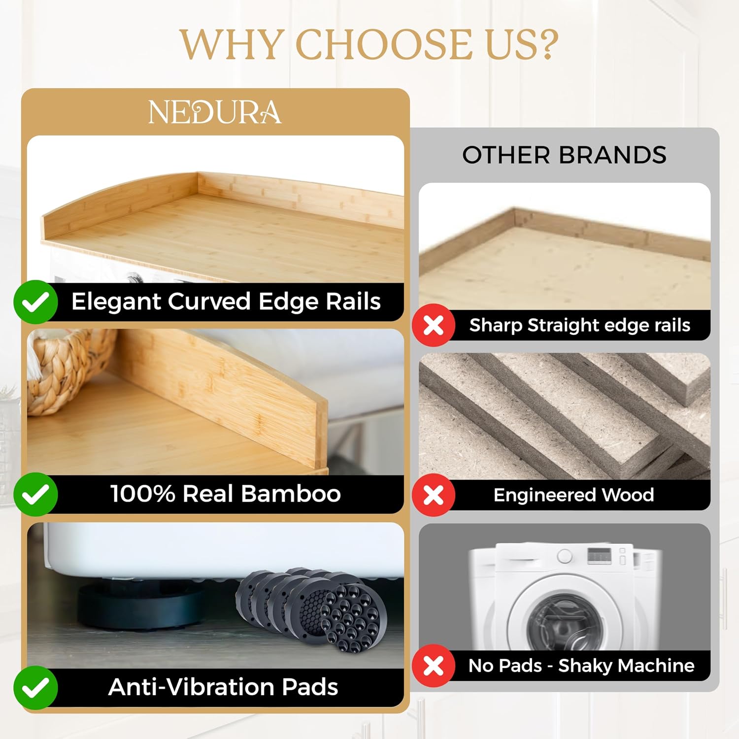 Nedura Washer Dryer Countertop for Washing Machine w/Anti-Vibration Pads&Curved Edge Rails, Bamboo Laundry Countertop, Washer Dryer Topper, Laundry Room Organization, Laundry Room Accessories-Natural