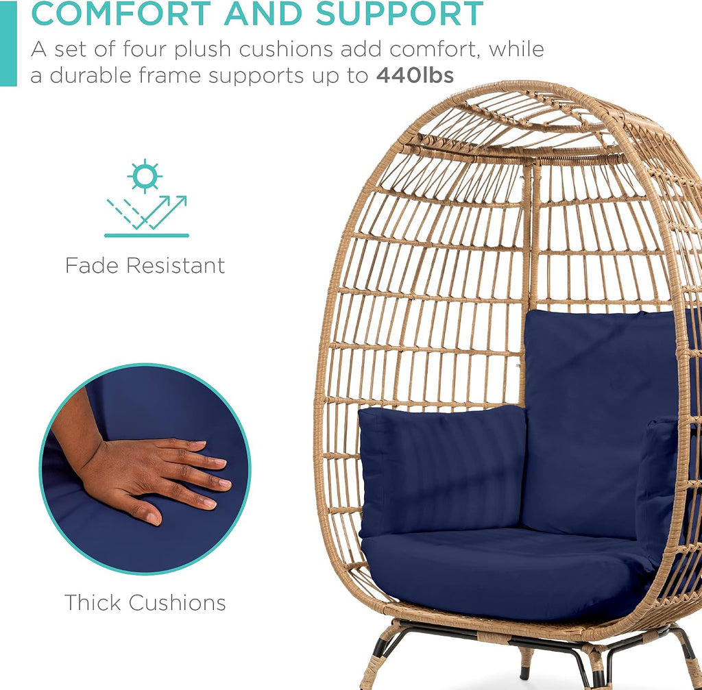 Best Choice Products Wicker Egg Chair, Oversized Indoor Outdoor Lounger for Patio, Backyard, Living Room w/ 4 Cushions, Steel Frame, 440lb Capacity - Navy