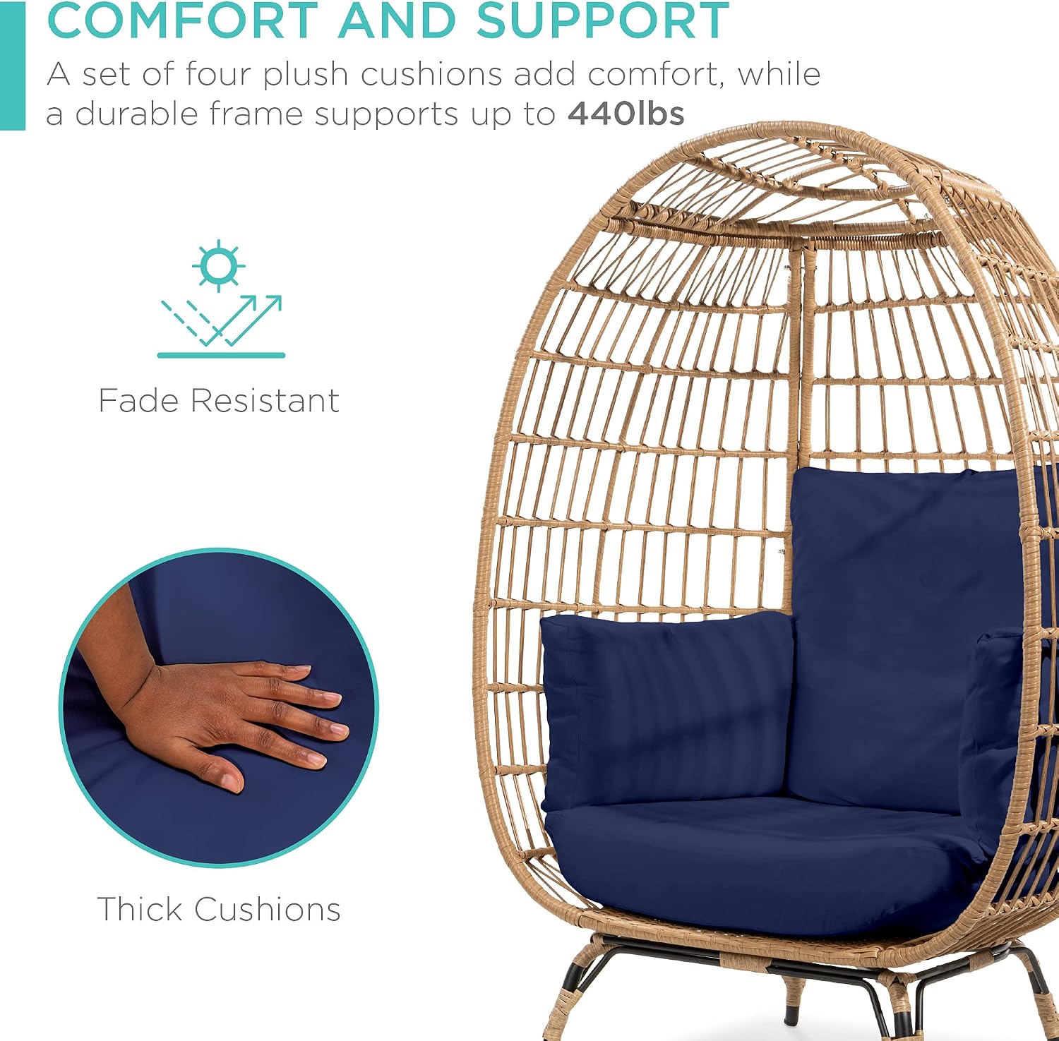 Best Choice Products Wicker Egg Chair, Oversized Indoor Outdoor Lounger for Patio, Backyard, Living Room w/ 4 Cushions, Steel Frame, 440lb Capacity - Navy