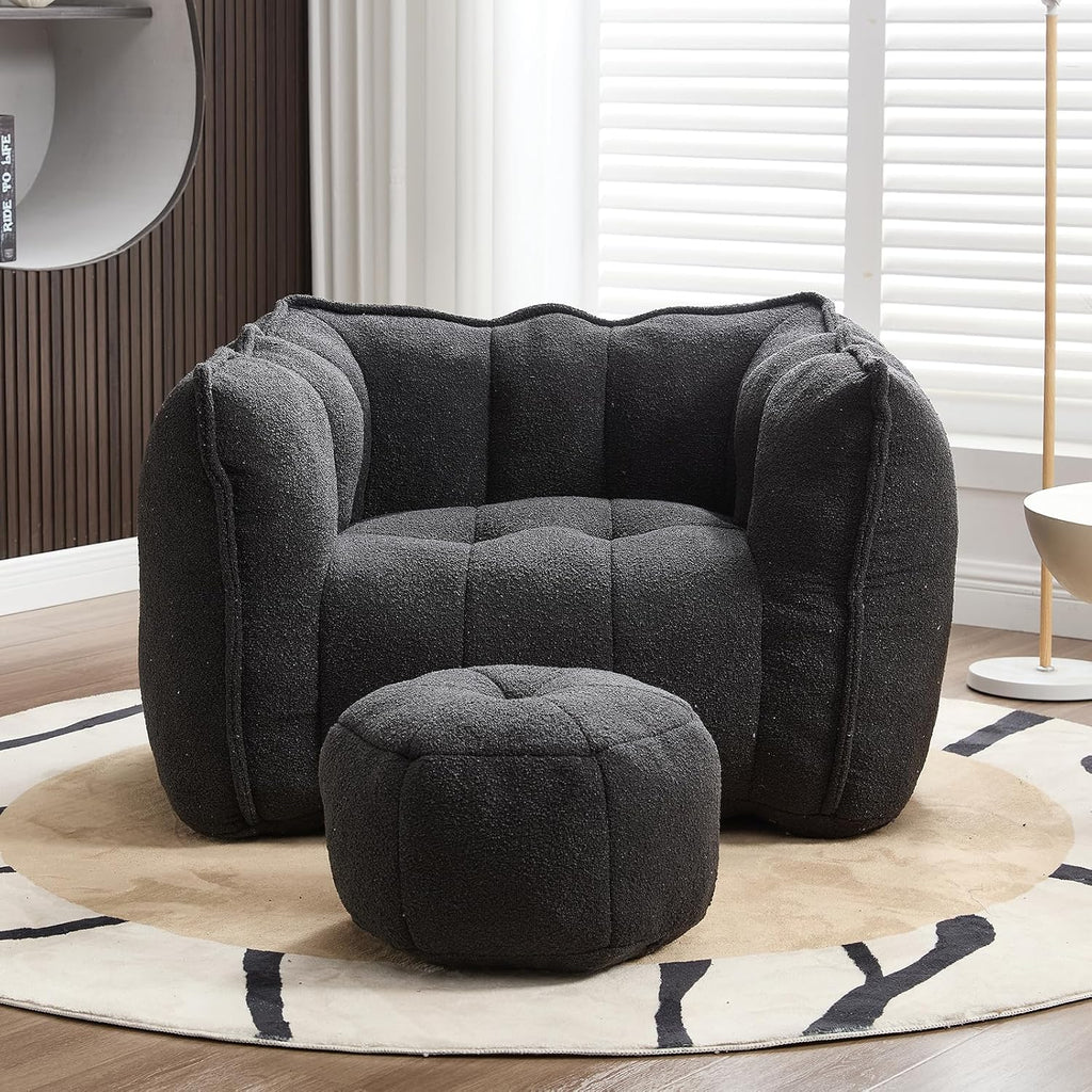 Giant Bean Bag Chair with Ottoman, Oversized Beanbag Chair for Adults, Comfy Floor Sofa Chair with Foam Filler, Pumpkin Lazy Lounger for Living Room, Game Room, Reading Corner, Chenille Black
