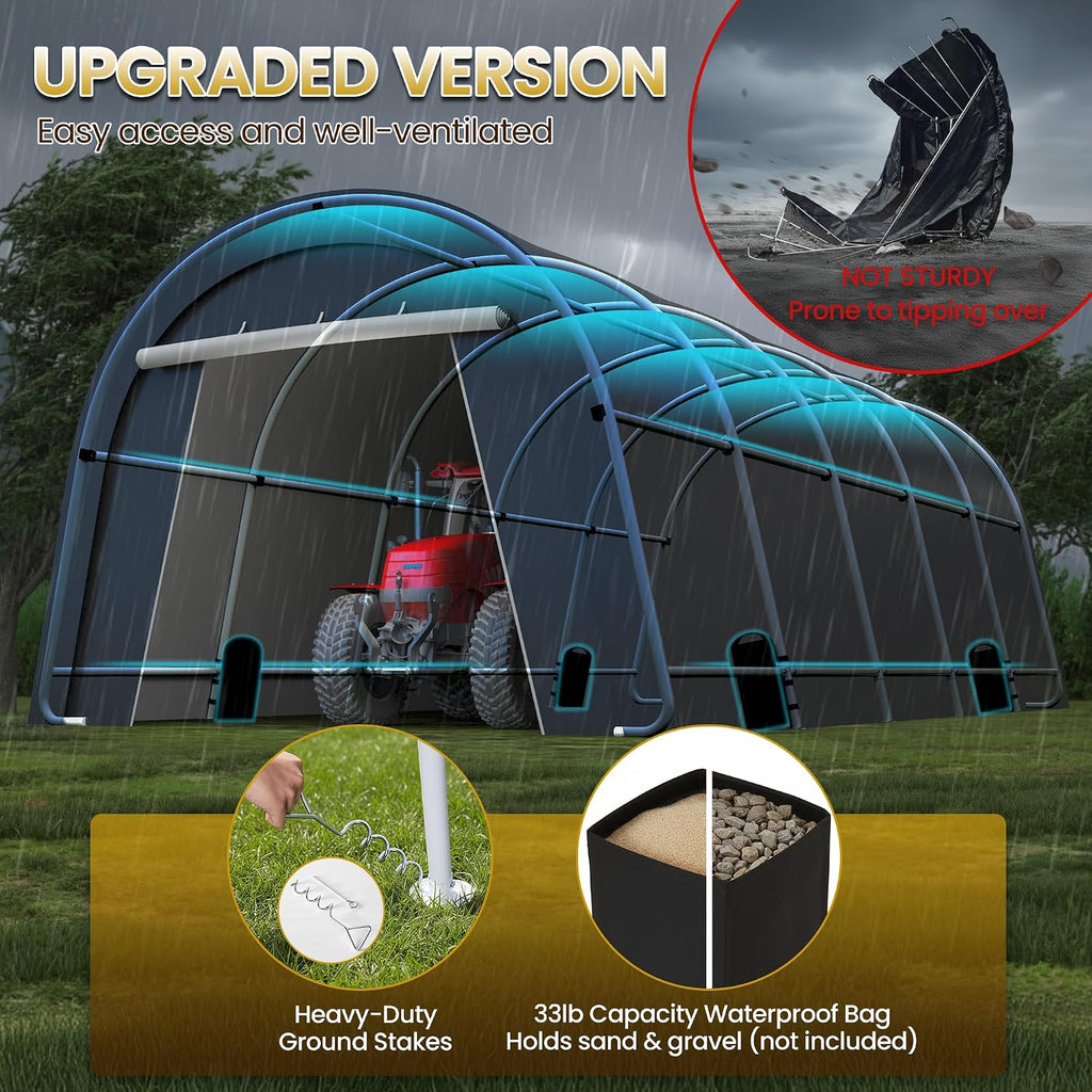FansaFurn Domed Carport with 4 Cloth Bags, Portable Garage with 2 Roll-up Doors, Heavy Duty Car Canopy Party Tent, All-Season Storage Shelter Shed for Boat, Truck, or Garden Tools, 12' x 25'