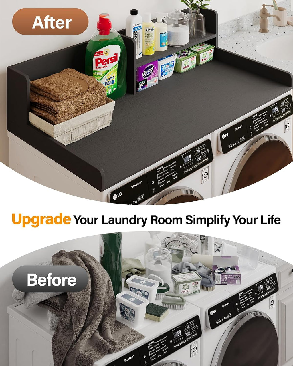 Premium HDPE washer dryer countertop with shelf 54'x27.5' – Waterproof washer dryer topper for Laundry Room Organization, Durable washer and dryer countertop for Folding Clothes, Sorting & Storage