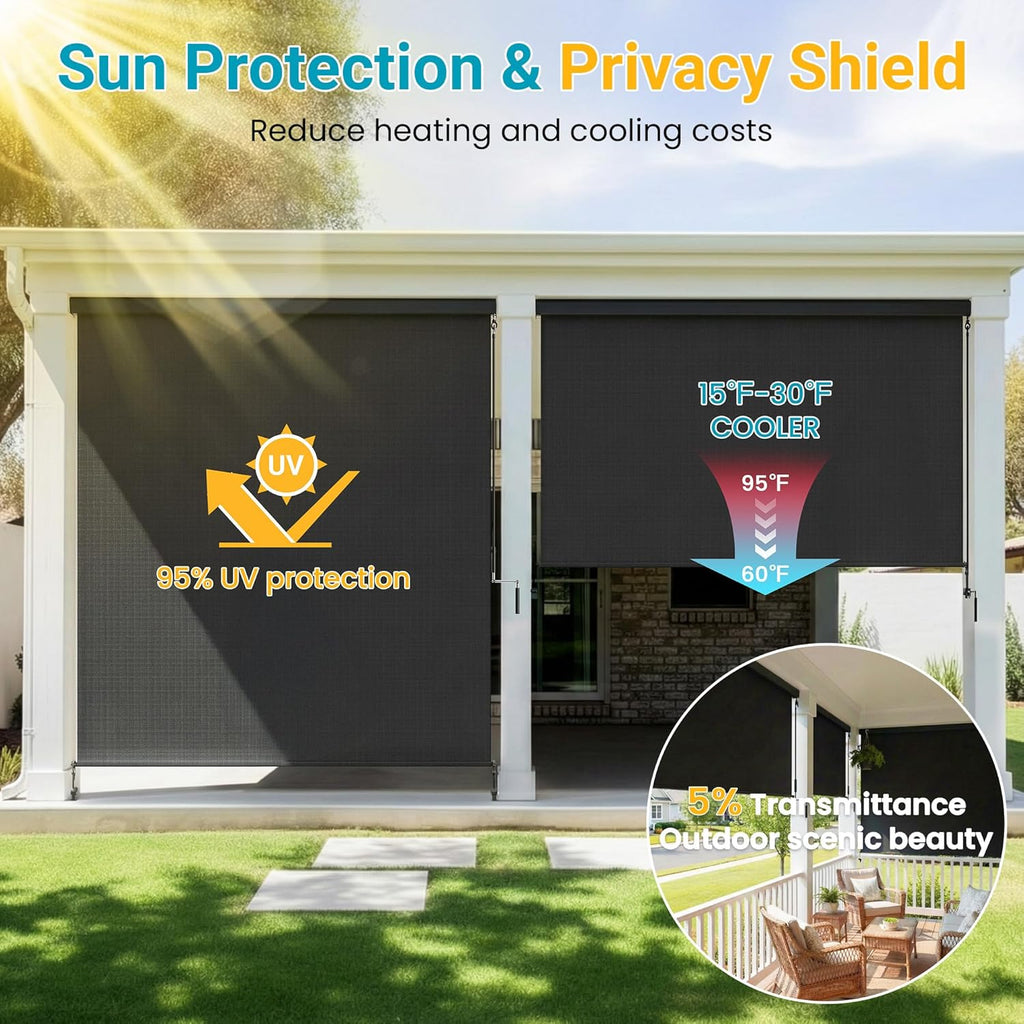 Integrated Outdoor Roller Shade, 6'W x 6'H Assembly Free Outdoor Patio Blinds with 420GSM Upgraded Fabric for 95% UV Blockout, Cordless Patio Shade, Sun Shades Outdoor Patio for Porch, Gazebo,Balcony