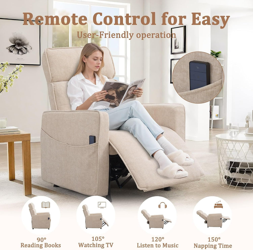 Korser Power Recliner Chair, Modern Electric Recliner Chairs for Adults, Comfy Recliners for Living Room, Cashmere Reclining Chair with Side Pockets & One-Touch Adjustment for Bedroom, Lounge, Khaki