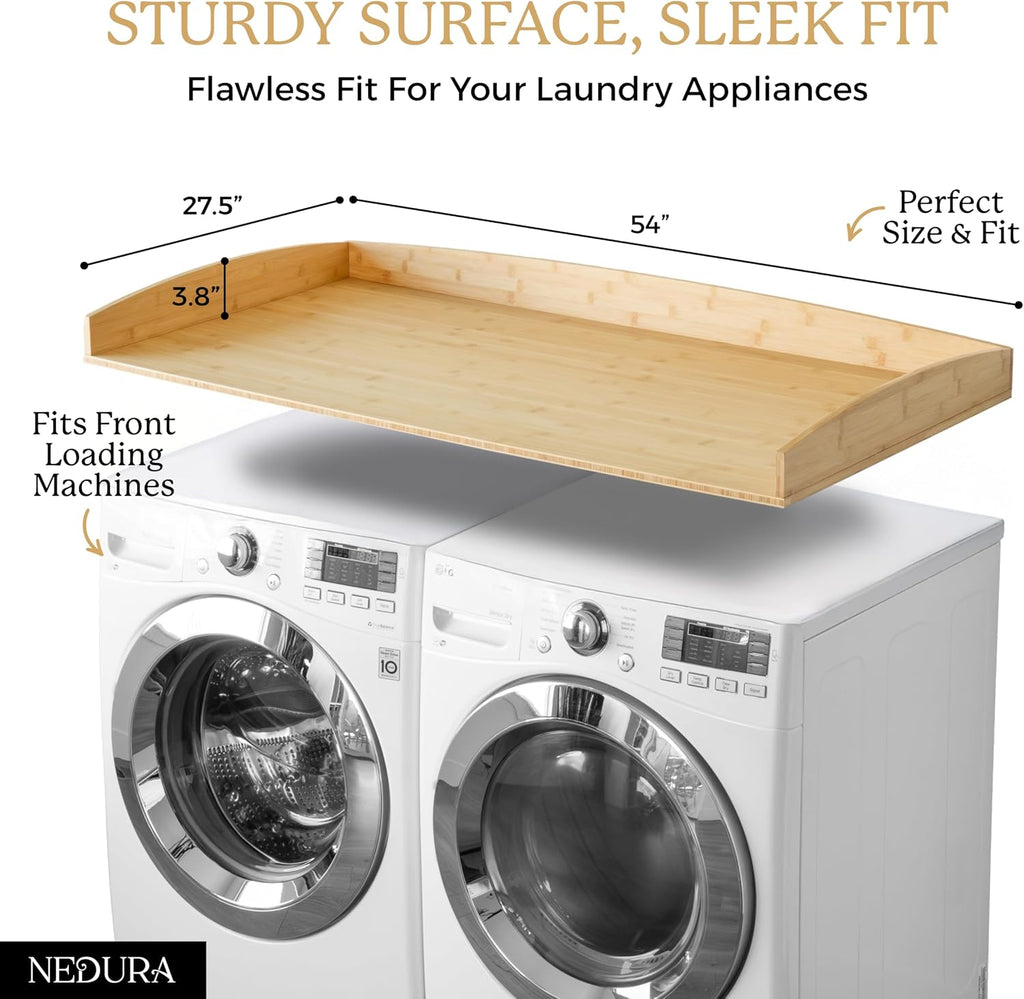 Nedura Washer Dryer Countertop for Washing Machine w/Anti-Vibration Pads&Curved Edge Rails, Bamboo Laundry Countertop, Washer Dryer Topper, Laundry Room Organization, Laundry Room Accessories-Natural