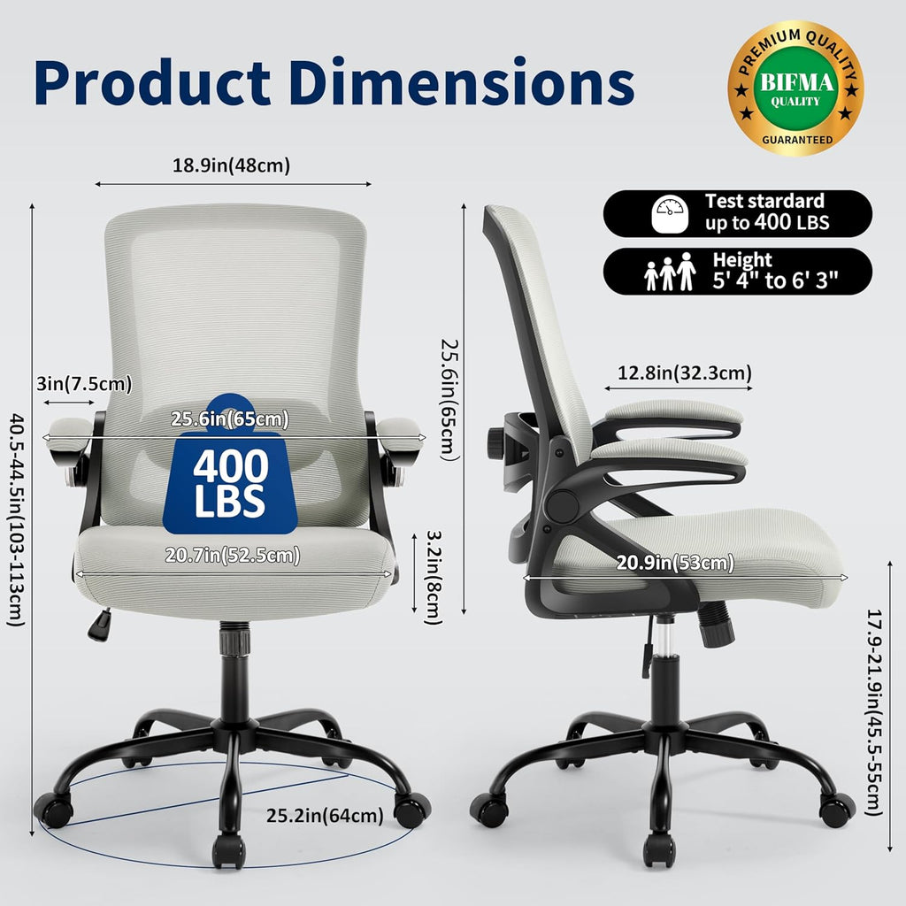 Ergonomic Office Chair, Desk Chair with Adjustable Lumbar Support, Breathable Mesh Comfy Computer Chairs with Flip-up Armrests Executive Task Chair for Adults Home Office (Dark Gray)