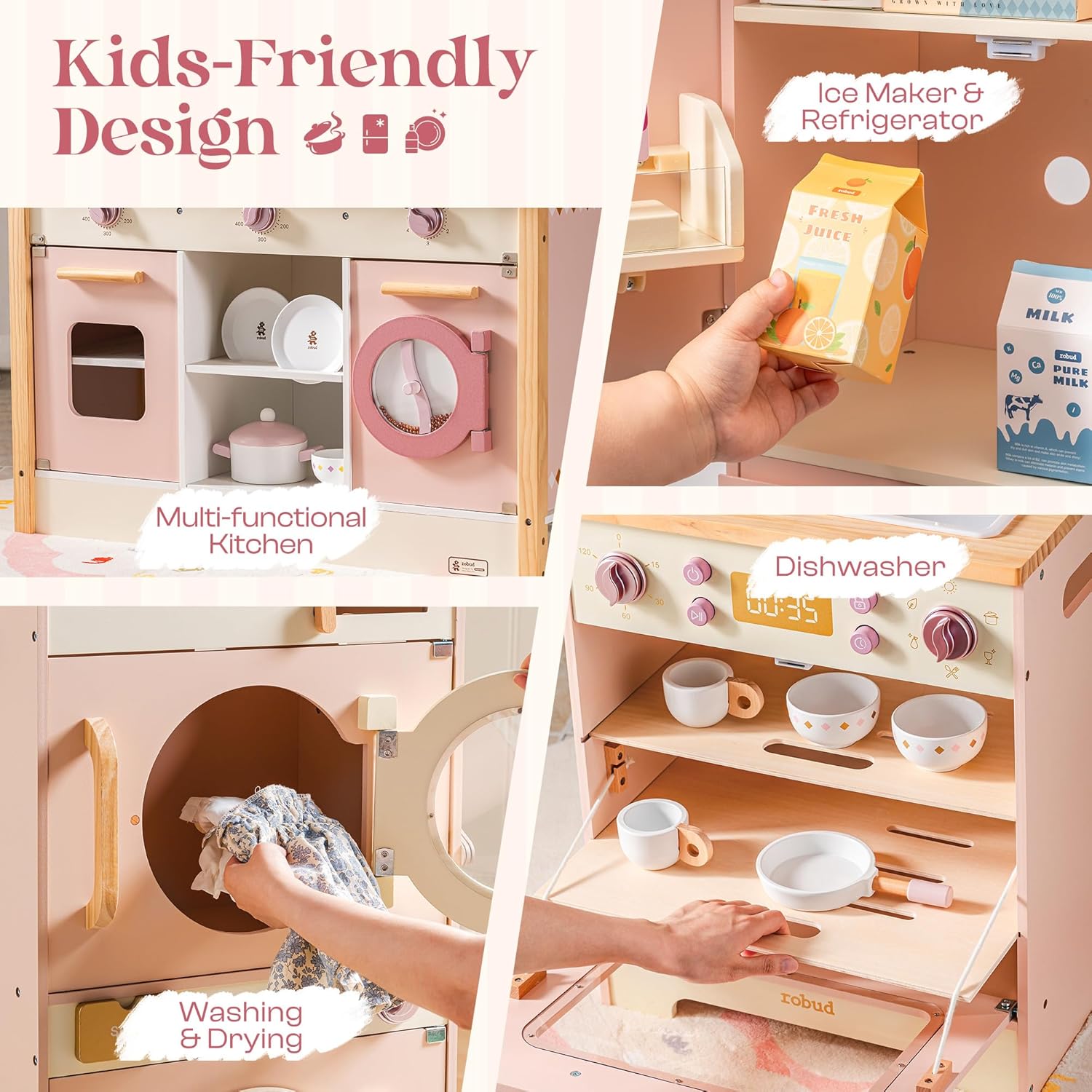 ROBUD Wooden Play Kitchen, Kids Kitchen Playset, Toy Kitchen Set with Fridge, Washing Machine, Dishwasher Toddlers Kitchen Playset Gift for Boys & Girls, Age 3+ (Pink)