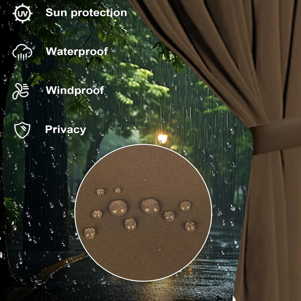 slashome 10'x12' Outdoor Gazebo Curtains Waterproof, Brown Universal Replacement Curtain 4-Panels, Sidewalls with Zipper for Garden, Patio, Yard (Only Curtains)