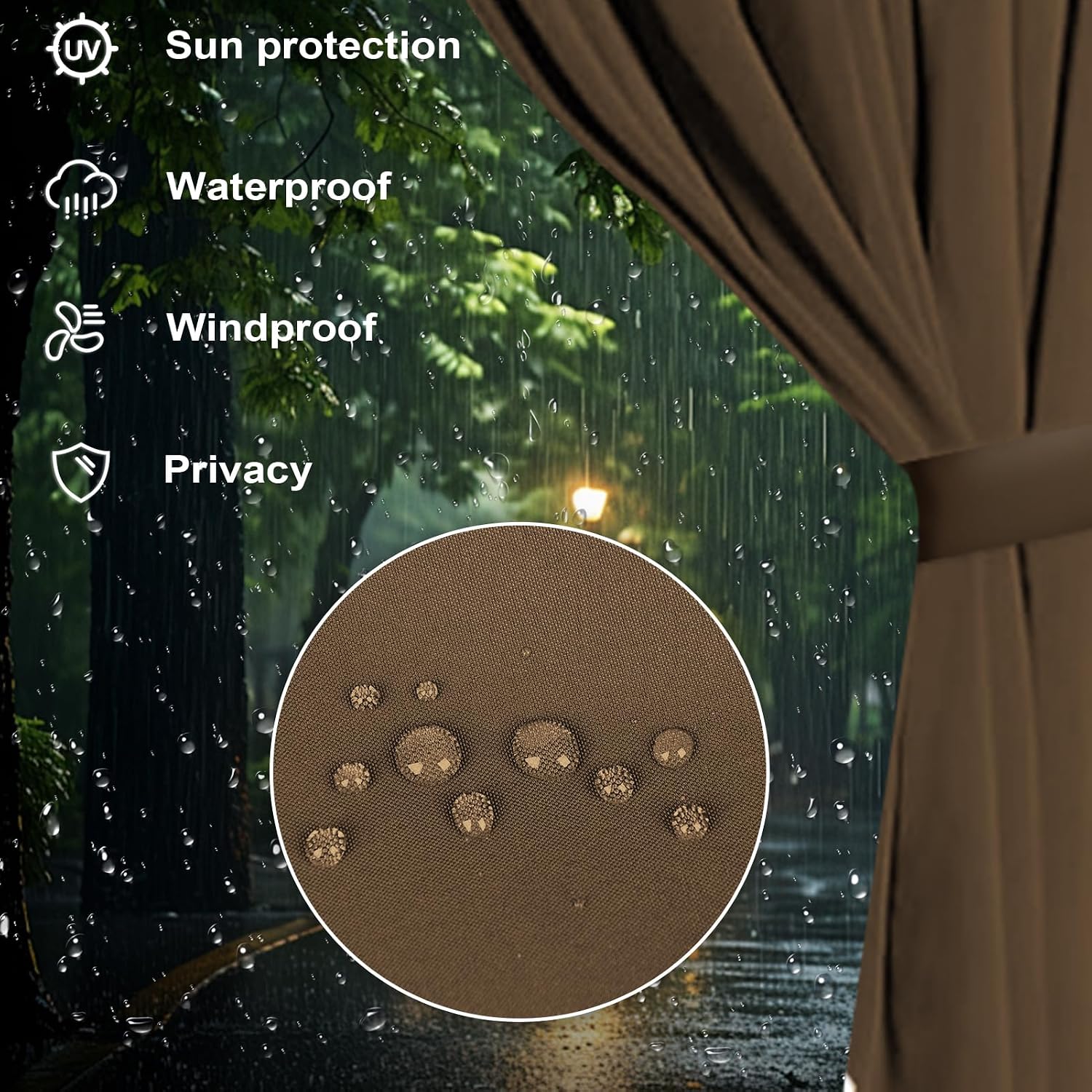 slashome 12'x14' Gazebo Curtains Outdoor Waterproof, Brown Universal Replacement Curtain 4-Panels, Sidewalls with Zipper for Garden, Patio, Yard (Only Curtains)