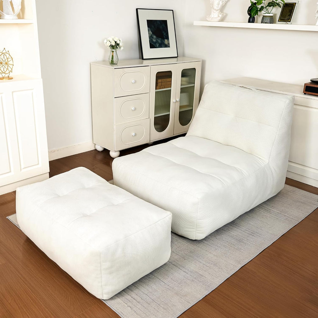 Bean Bag Chair with Ottoman, Giant Bean Bag Chairs for Adults with Memory Foam, Comfy Bean Bag Sofa for Bedroom, Lounge Beanbag of Reading and Gaming with Filler Included(White)