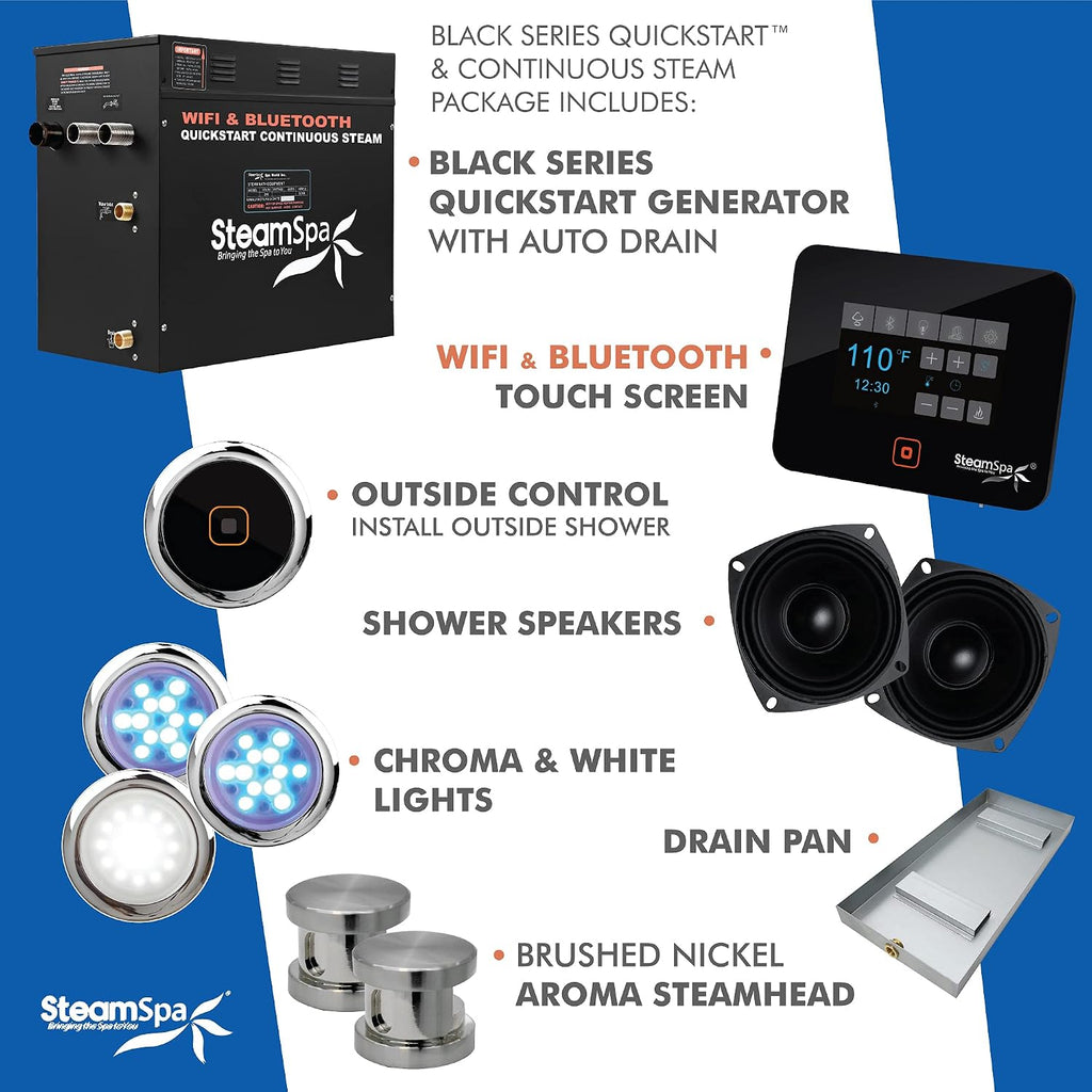 Steam Shower Generator Kit | Brushed Nickel + Auto Drain Combo|Dual Bottle Aroma Oil Pump | Steam Sauna Spa Stall Package|Touch Screen Wifi App/BT Control Panel |12 kW Raven | RVB1200BN-ADP
