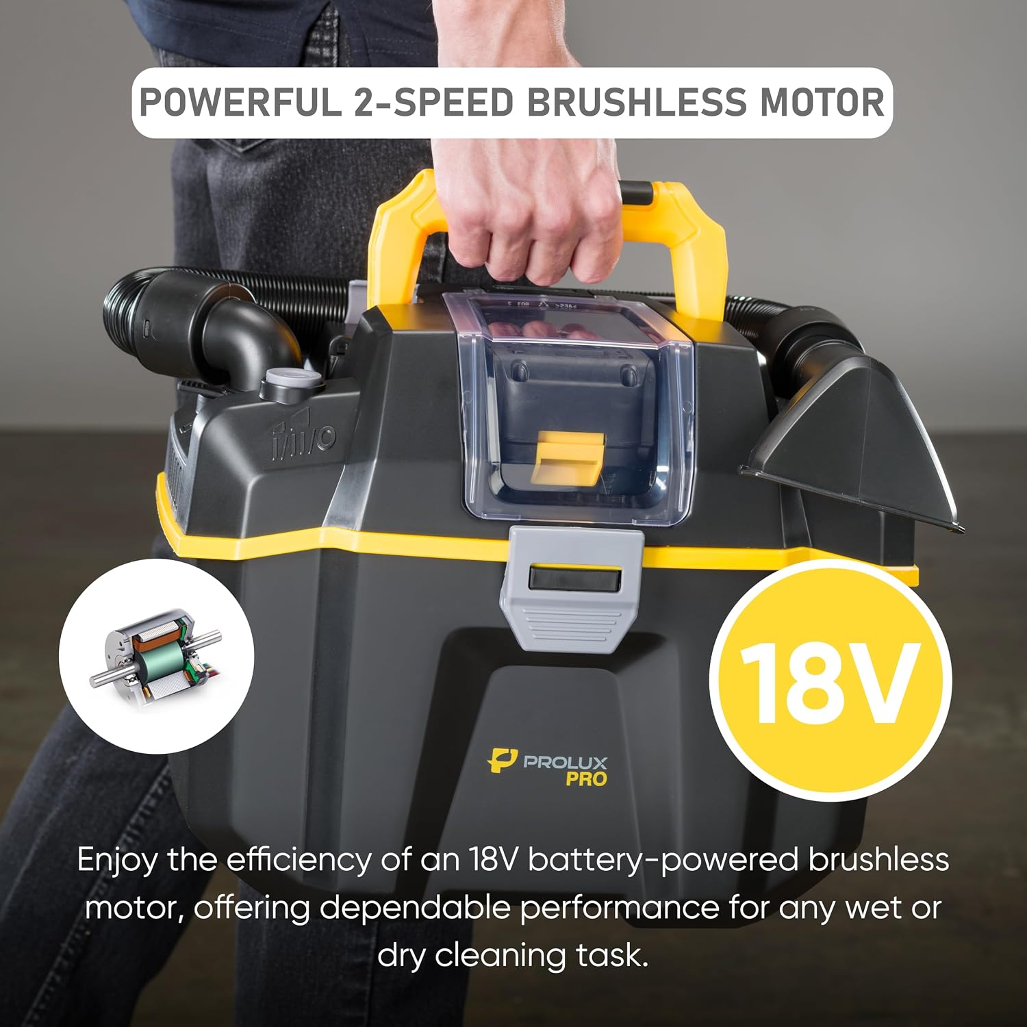 Prolux Surge Pro Cordless Wet/Dry Light Commercial Vacuum Cleaner, 18V High-Performance Battery, Brushless Motor, Versatile Wet/Dry Pickup & Blower, HEPA Filtration