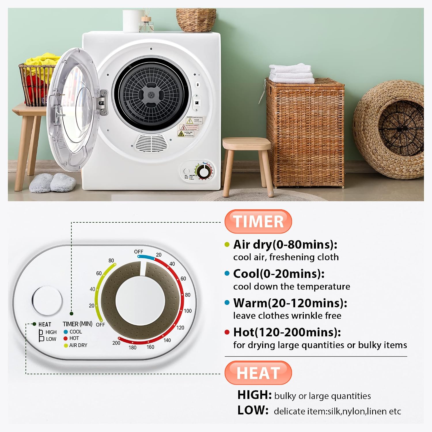 Euhomy Portable Dryer 1.5 cu. ft., 850W Powerful Clothes Dryer with Stainless Steel Drum and Exhaust Hose, Dryer Ideal for Apartments, RVs, Dorm Rooms，White