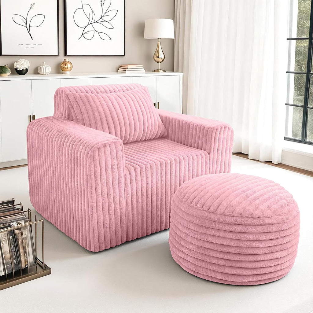 HABUTWAY Bean Bag Chair for Adults with Pillow, Giant Bean Bag Chairs with Ottoman, Comfy Dorm Chair with High Backrest & Wider Armrest, Lounger Chair Indoor for Bedroom Living Room(Pink)
