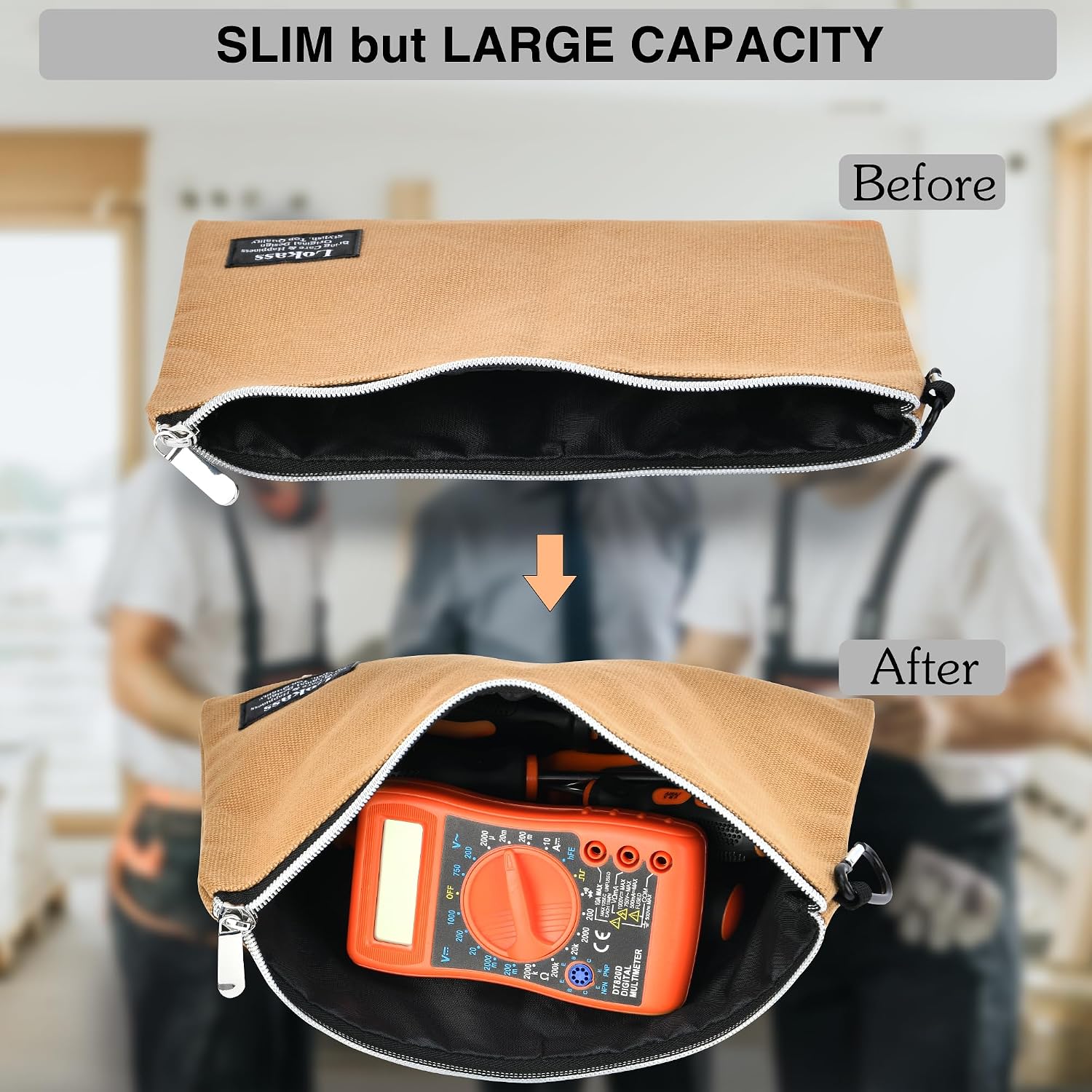 Tool Bag Backpack with 2 Canvas Tool Pouch Tool Kit, 75 Pockets & Loops Heavy Duty Tools Organizer/HVAC Tool Carrier for Eelectrician/Construction Work with Molded Base and Combination Lock, Brown