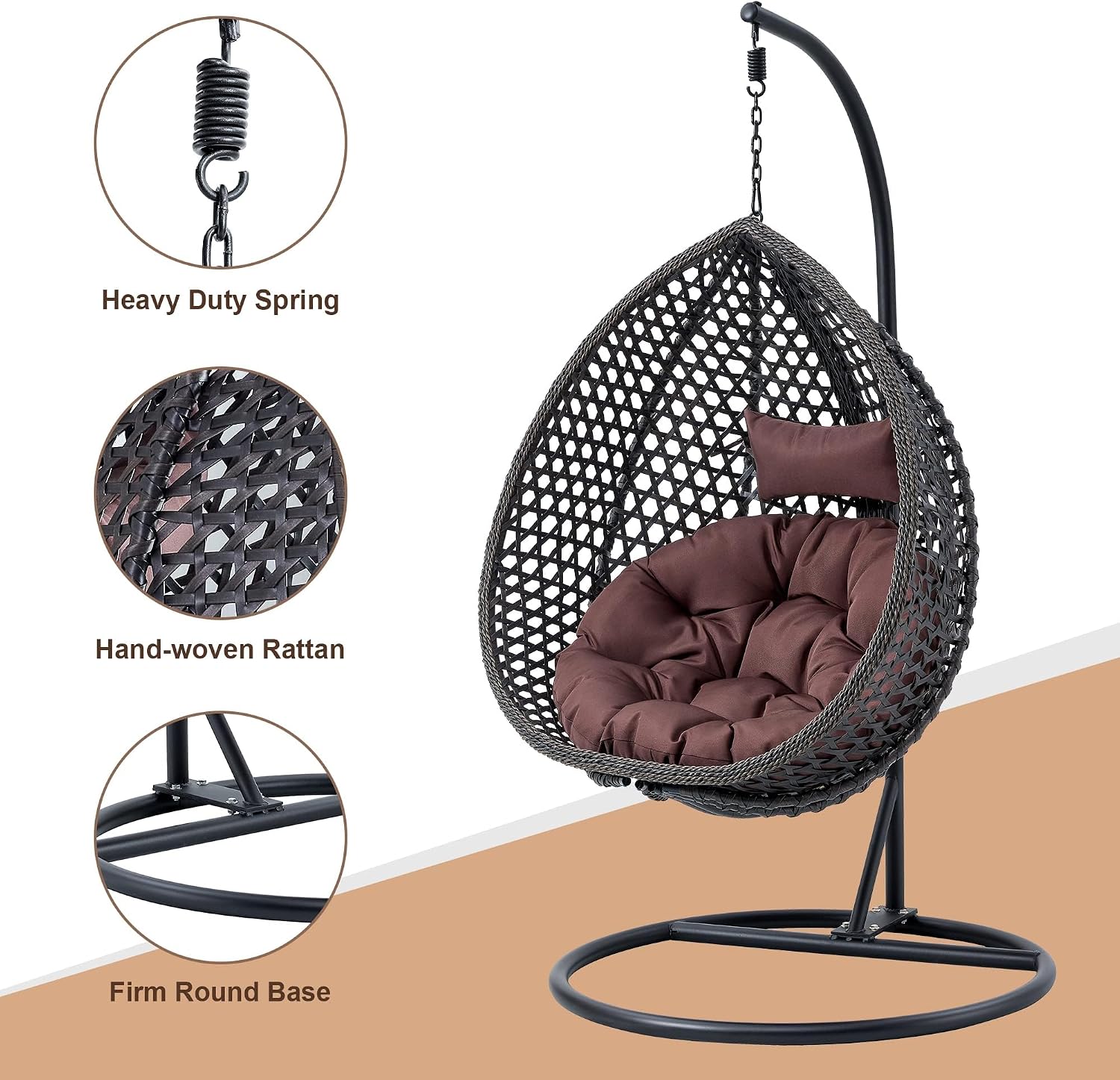 Egg Swing Chair with Stand,Black Hanging Egg Chair with Stand, Rattan Swing Egg with Soft Cushion, Outdoor Hanging with Foldable Basket & Metal Stand for Bedroom Patio (Black)