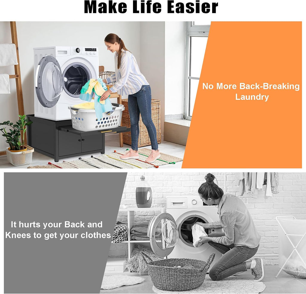 GDLF Laundry Pedestal Heavy Duty Metal Washer Dryer Pedestal 29' Universal Fit Anti-Vibration Washing Machine Stand with Laundry Basket Shelf and Built-in Drain Pan + Hose,770 LBS Capacity