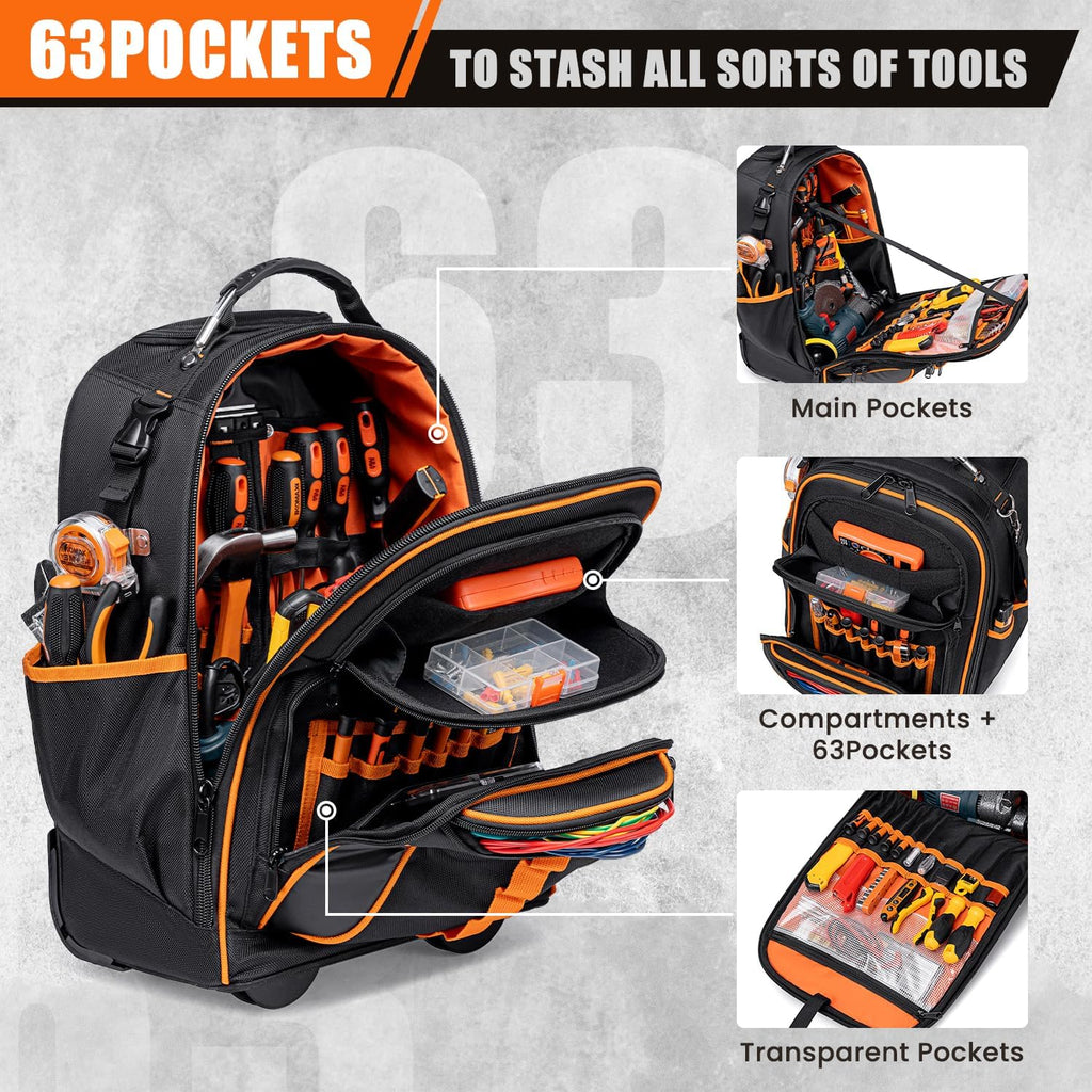 2-In-1 Rolling Tool Backpack Heavy Duty, Rolling Tool Bag with Wheels, 63-Pocket Tool Bags for Men, Waterproof Rolling Tool Backpack for Hvac Electrician Construction Mechanic
