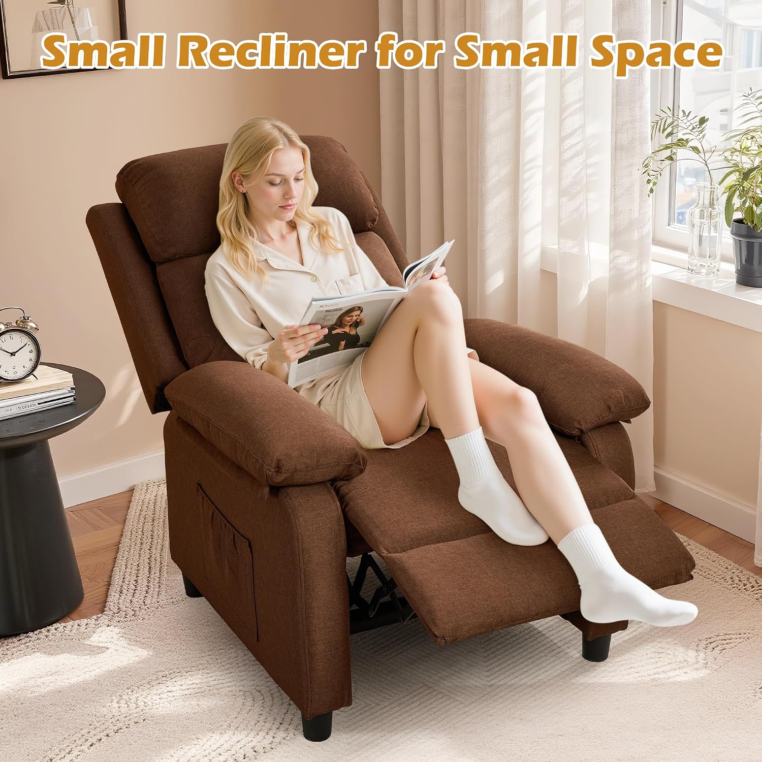 Korser Recliner Chair, Living Room Chairs for Adults, Padded Deep Seat Reading Chair with Side Pockets, Small Recliners for Small Spaces, Lounge Chair for Living Room, Bedroom, and RV (Linen)