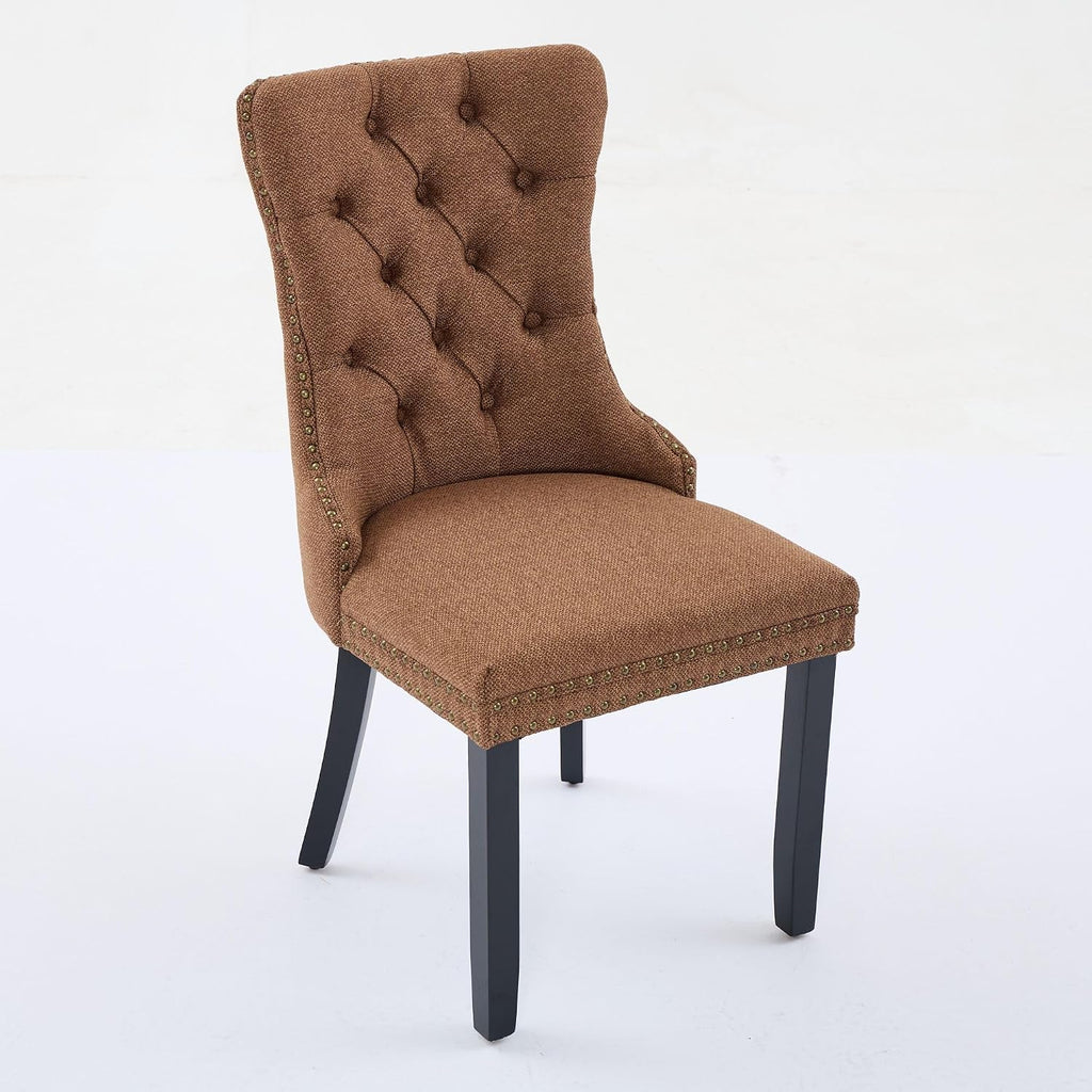 Ball & Cast Contemporary Upholstered Dining Chairs Set of 2, Flax Button Tufted Kitchen Side-Chairs with Hang Ring & Nailhead Trims & Wood Legs, 2-Piece Backrest Traditional Chair, Black+Coffee
