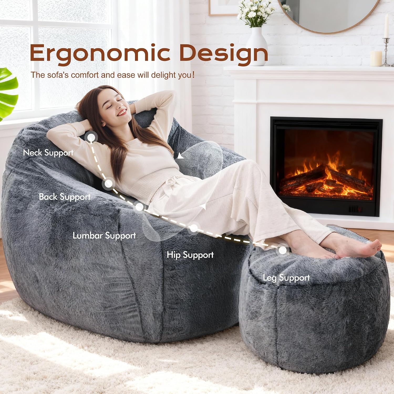Giant Bean Bag Chair for Adults, Large Memory Foam BeanBag Chairs, Oversized Bean Bag Sofa with Filler, Faux Fur Big Reading Chair Comfy Floor Sofa Chair (Grey, Single with Ottoman)