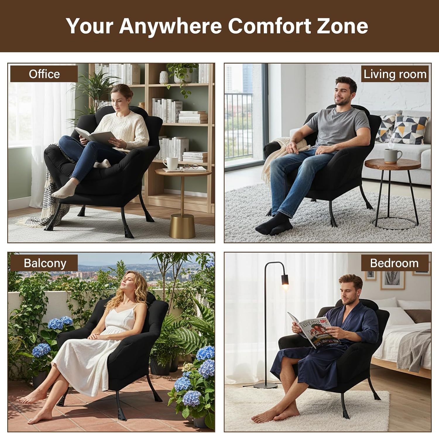 Welnow Black Single Lazy Chair for Living Room, Modern Reading Accent Chair with Armrests and a Side Pocket, Leisure Lazy Sofa Chair for Small Space, Bedroom, Dorm