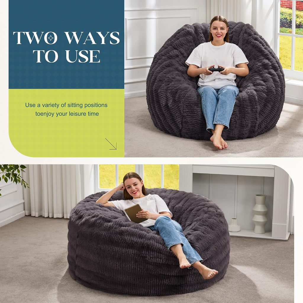 Hobestluk Bean Bag Chairs Beanbag Chair with Filler Adult Bean Bags with Fluffy Ripple Cover, Giant Bean Bag Chairs for Adults (Dark Grey, 5FT - 50' x 50' x 24')