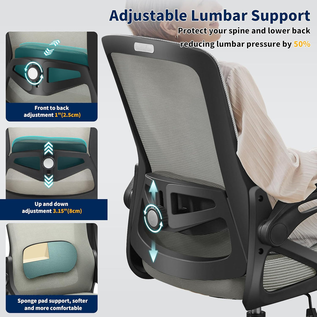 Ergonomic Office Chair, Desk Chair with Adjustable Lumbar Support, Breathable Mesh Comfy Computer Chairs with Flip-up Armrests Executive Task Chair for Adults Home Office (Dark Gray)
