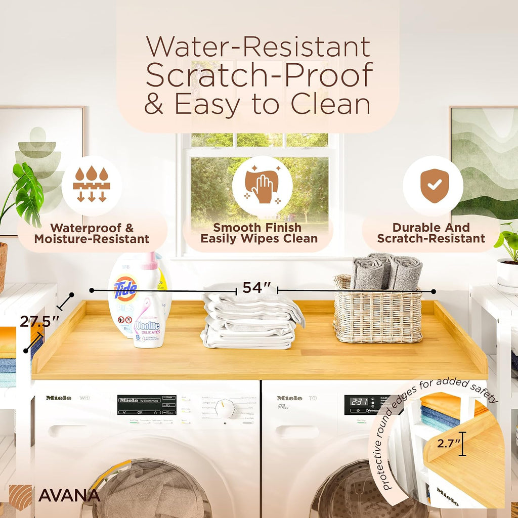 Avana (100% Natural Solid Wood Washer Dryer Countertop – Oak Pine Laundry Countertop with Raised Edges, 54' x 27.5' Counter Top for Washer and Dryer, Laundry Room Organizer & Tabletop