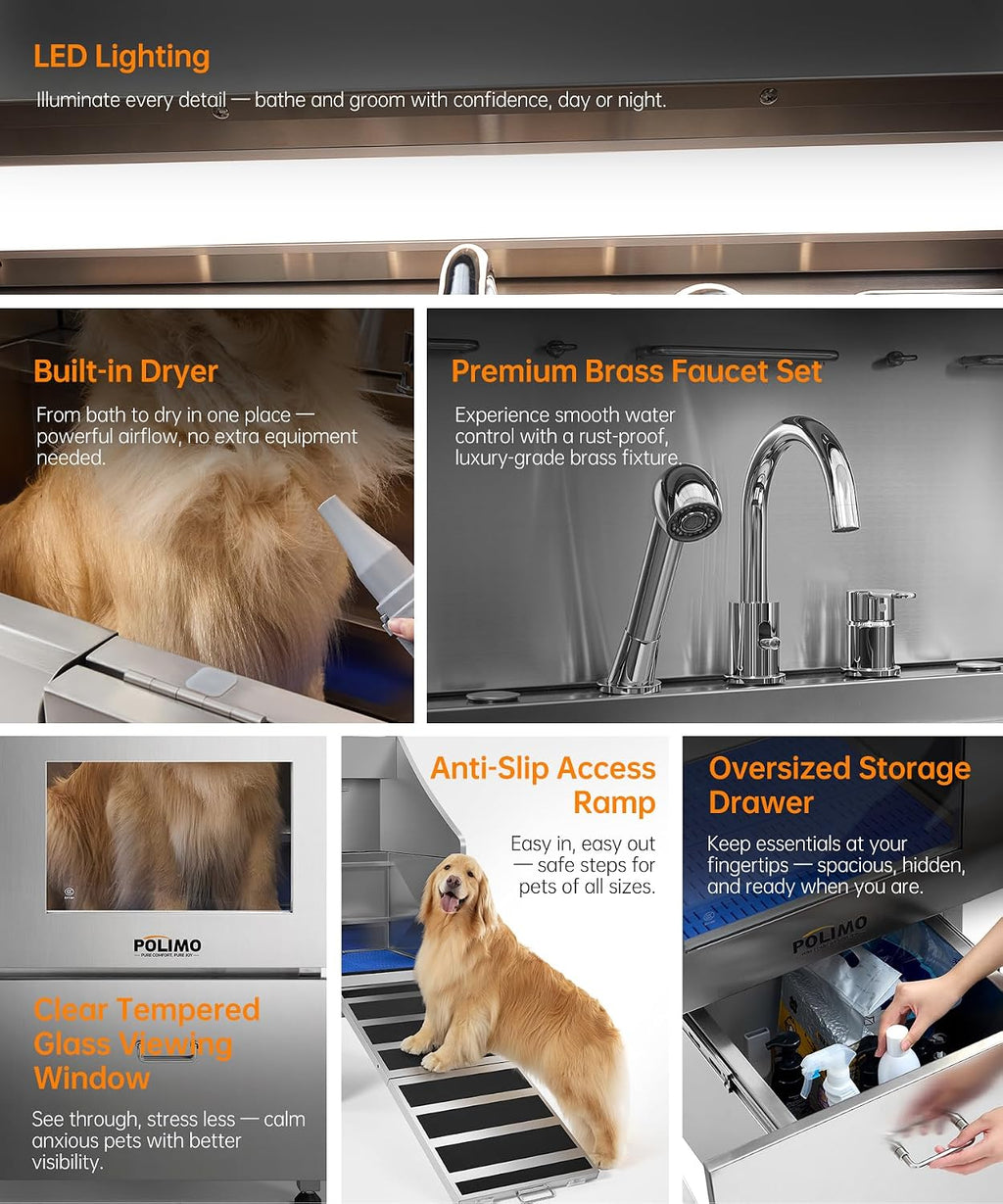 POLIMO Dog Washing Station with Built-in Pet Dryer and LED Display 50' (Right Ramp), 304 Stainless Steel Dog Bathtub for Large Medium Small Dogs, Wash and Dry Grooming Tub with Faucet, Storage Drawer