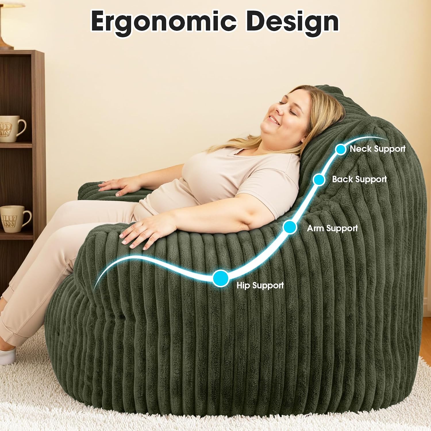 Giant Bean Bag Chair for Adults, Oversized Memory Foam Bean Bag Sofa with Armrests, Large Comfy Fluffy Single Lounges Mini Couch for Living Room, Bedroom & Dorm(Green)