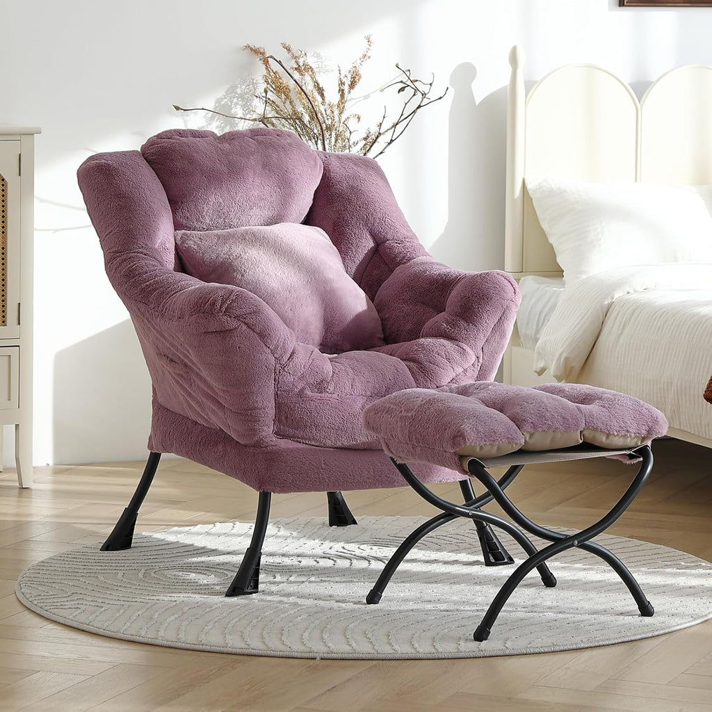 Lazy Chair with Ottoman, Reading Chair with a Pillow, Leisure Sofa Armchair with Ottoman, Large Accent Chair for Bedroom, Living Room, Dorm Room, Plush Purple