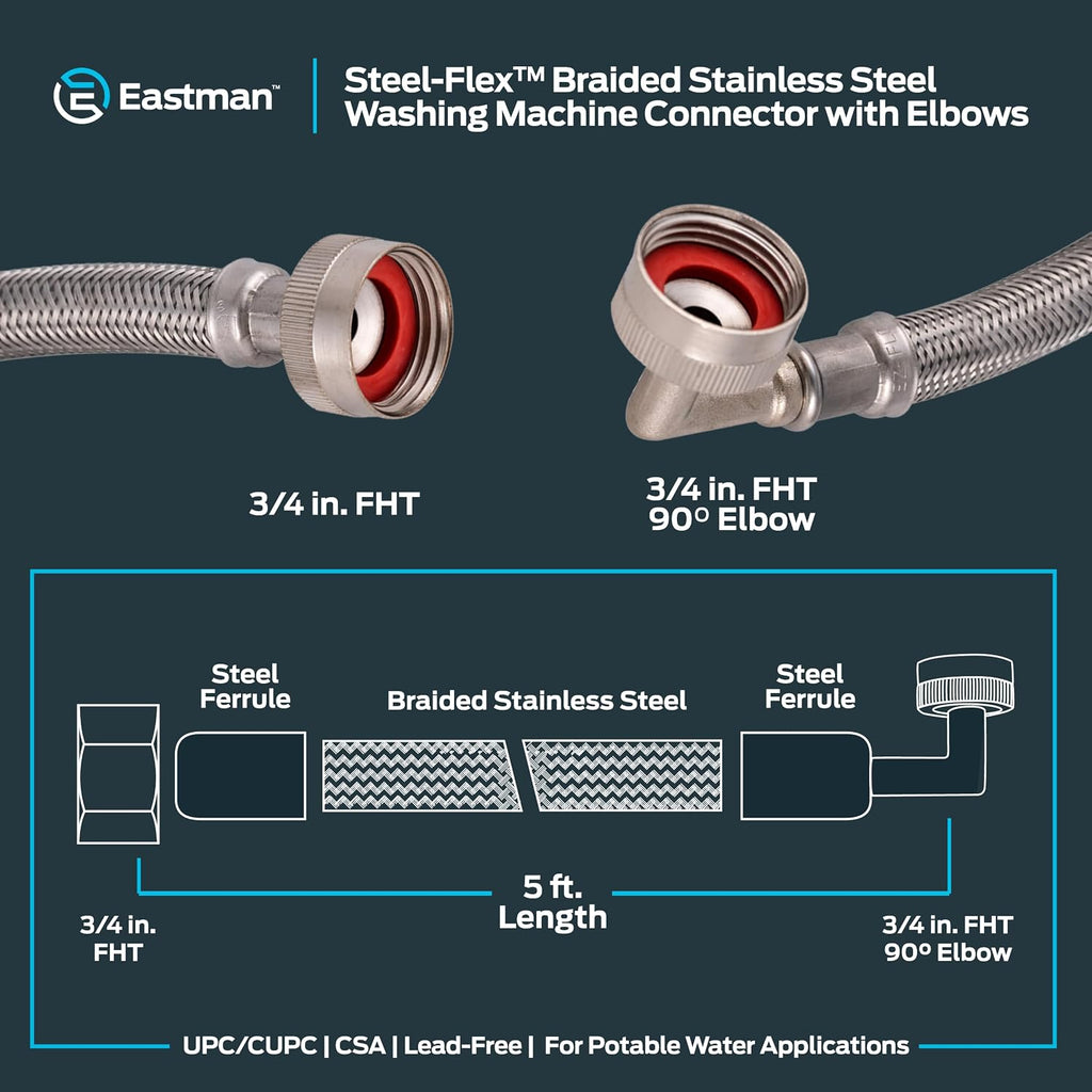 Eastman 5 ft Washing Machine Hose Connectors with Elbows, Pack of 2, 3/4 in FHT x 3/4 in FHT, Braided Stainless Steel, 41065 (Pack of 24)