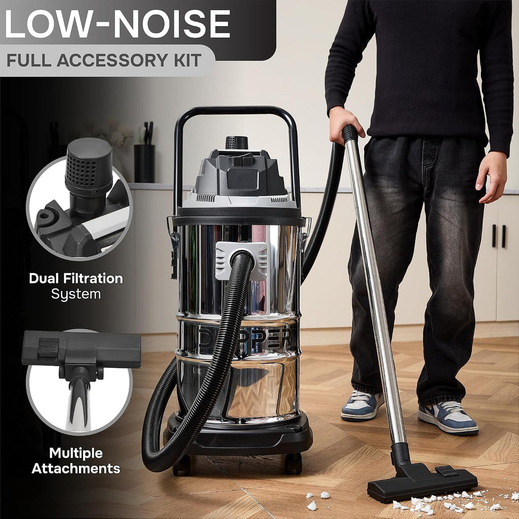 Dapper Supply 16 Gallon 4.5 Peak HP Wet/Dry Vacuum, Stainless Steel Tank, 3 in 1 Function Portable Shop Vacuum with Attachments, Ideal for Jobsite, Garage & Workshop.