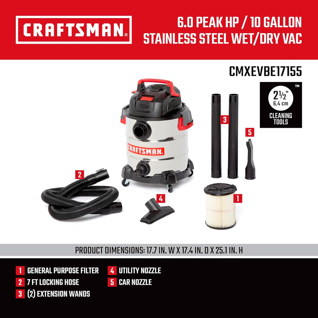CRAFTSMAN CMXEVBE17155 10 Gallon 6.0 Peak HP Stainless Steel Wet Dry Vac, Portable Shop Vacuum Wet and Dry with Filter, Hose and Attachments for Home and Garage Use