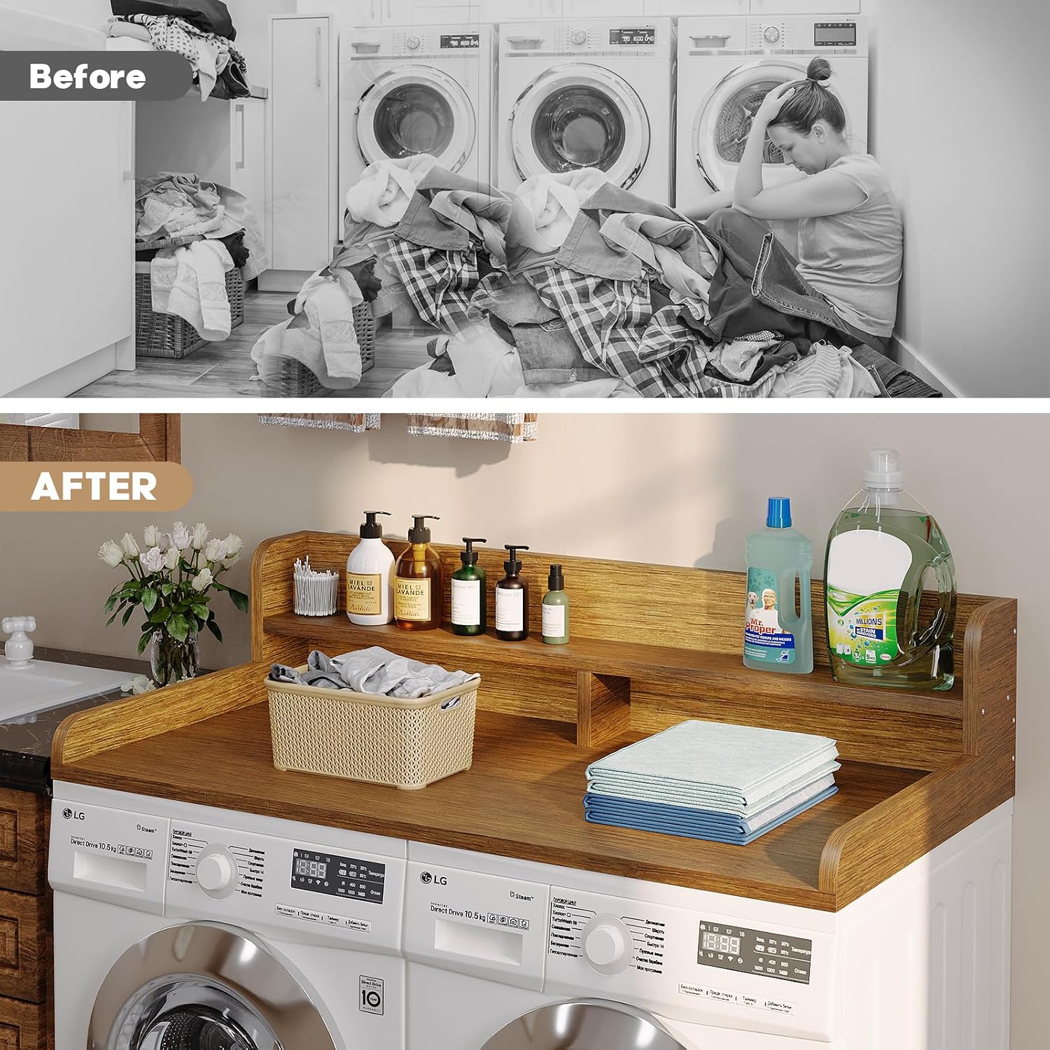 2-Tier Washer Dryer Countertop with 2.75'H Edge Rails, 54' W x 27.55' D Laundry Countertop for Folding Clothes, Washer and Dryer Topper with Non-Slip Pad (Brown)