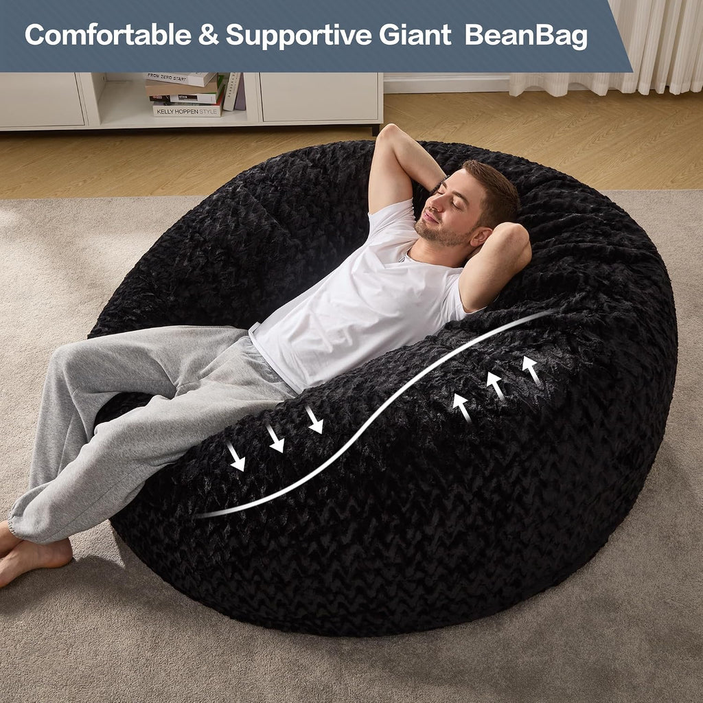 Hobestluk 5ft Bean Bag Chairs for Adults Large Beanbag Chair with Chevron Plush Fur Cover Big Bean Bag Chair for Living Room Bedroom Dorm Office - Black (50' x 50' x 24')
