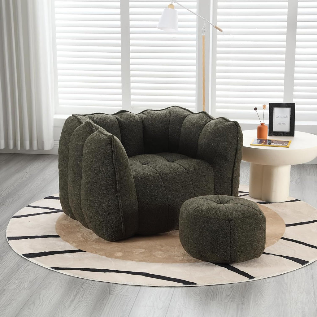 Giant Bean Bag Chair with Ottoman, Oversized Beanbag Chair for Adults, Comfy Floor Sofa Chair with Foam Filler, Pumpkin Lazy Lounger for Living Room, Game Room, Reading Corner, Chenille Olive Green