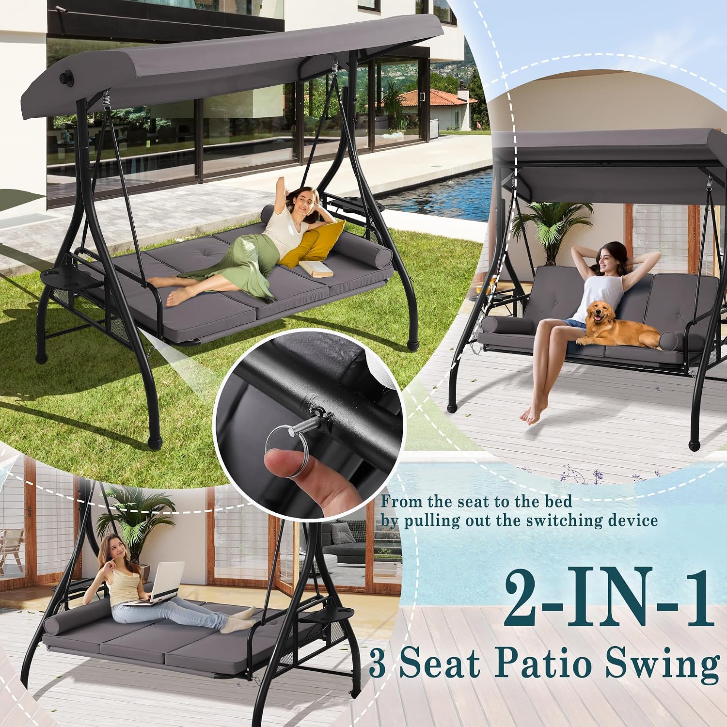 MAGIC UNION 3-Seat Outdoor Patio Swing with Stand, 3 in 1 Porch Swings with Adjustable Canopy, Upgraded Pillows Cushions and Foldable Cup Holders for Backyard, Porch, Garden(Gray)