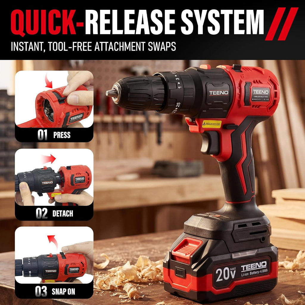 TEENO 20V MAX Brushless Power Tool Combo Kit, 9-in-1 Cordless Interchangeable Multi-Tool Set (Drill, Impact, Grinder, Sander, Circular, Chain & Reciprocating Saws, Blower, Washer), 2x 4.0Ah Batteries