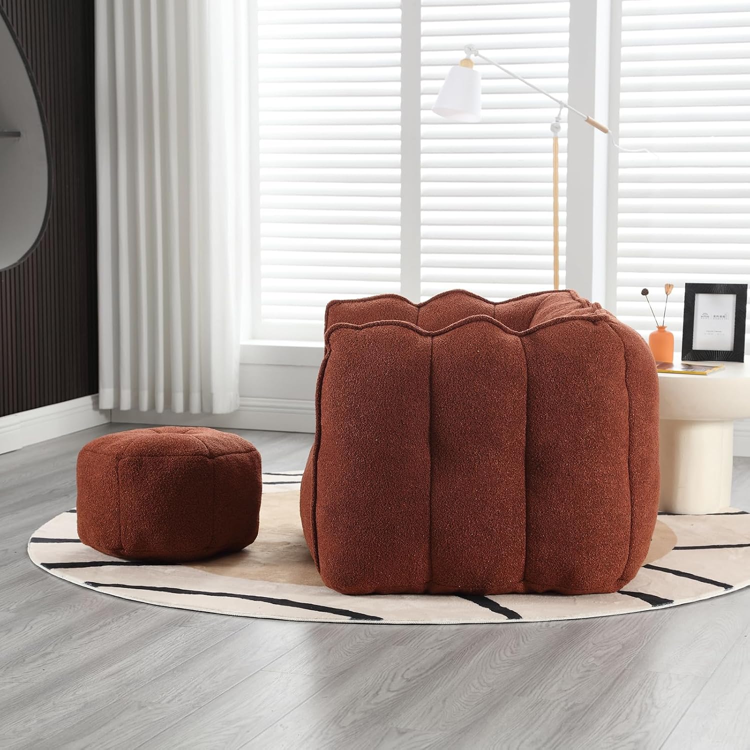 Giant Bean Bag Chair with Ottoman, Oversized Beanbag Chair for Adults, Comfy Floor Sofa Chair with Foam Filler, Pumpkin Lazy Lounger for Living Room, Game Room, Reading Corner, Chenille Reddish Brown