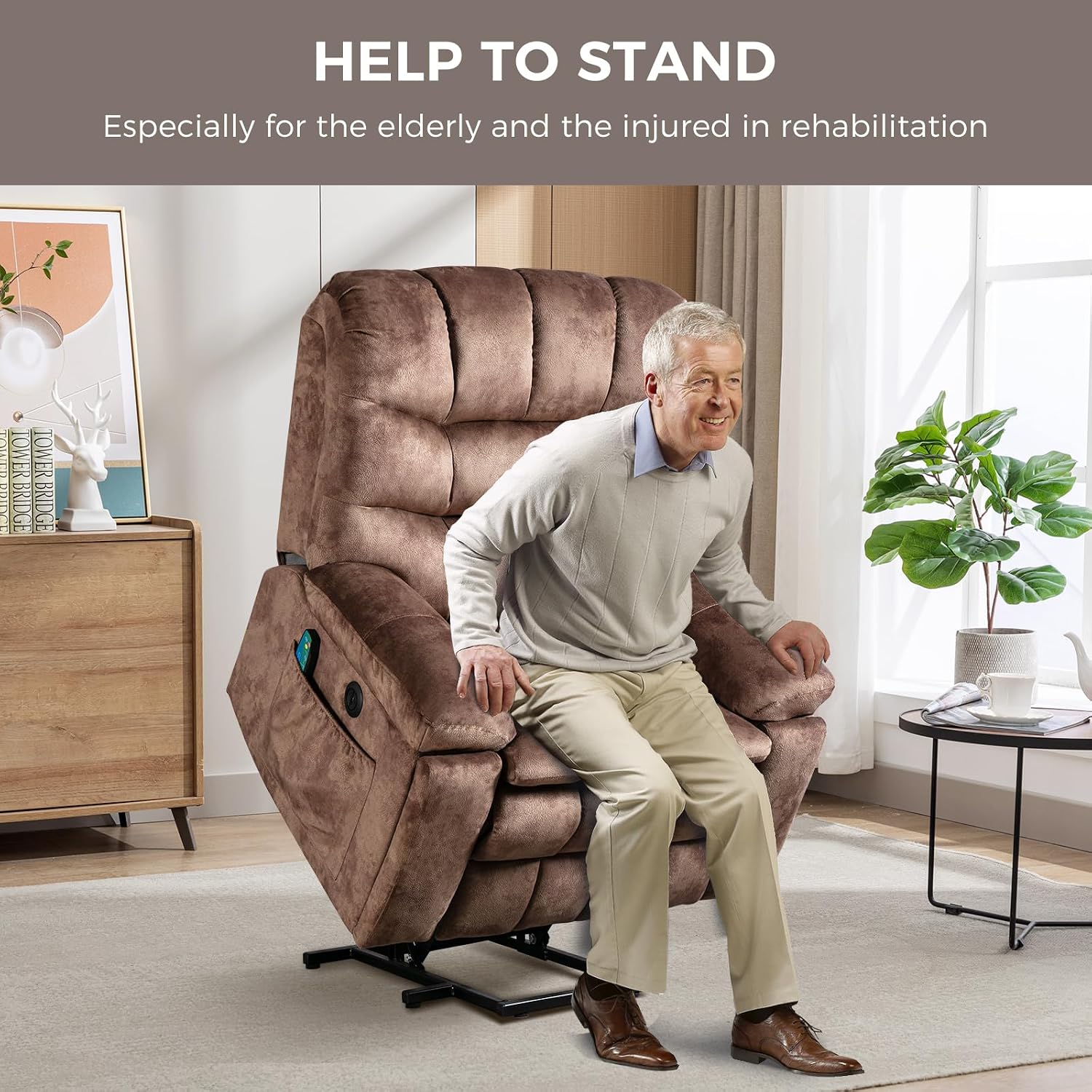 IOMOR Large Power Lift Recliner with Massage and Heat for Elderly, Heavy Duty & Safety Motion Reclining Mechanism, Ergonomic Electric Wider Chair with USB Port, 2 Hidden Cup Holders (1, Brown)