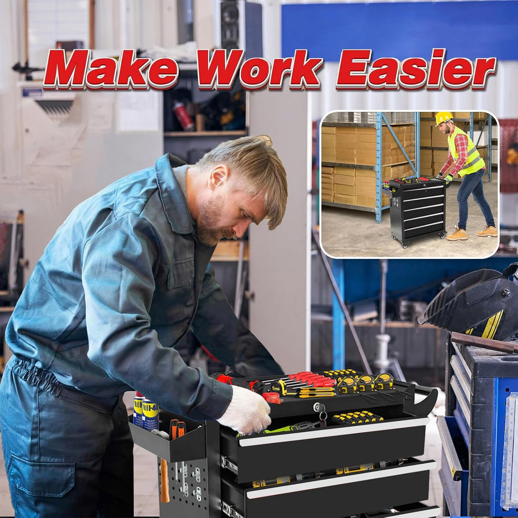 Rolling Tool Chest with Wheels, 5 Drawers Tool Storage Cabinet, Portable Metal Tool Box Organizer with Lock, Tool Cart on Wheels Toolbox Workbench for Garage, Workshop, Warehouse(Required Assembly)