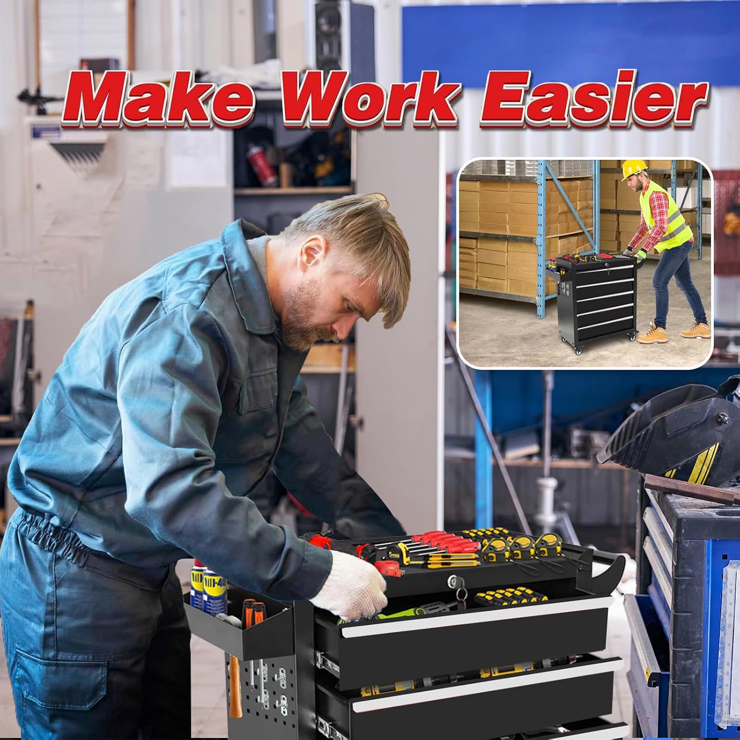 Rolling Tool Chest with Wheels, 5 Drawers Tool Storage Cabinet, Portable Metal Tool Box Organizer with Lock, Tool Cart on Wheels Toolbox Workbench for Garage, Workshop, Warehouse(Required Assembly)