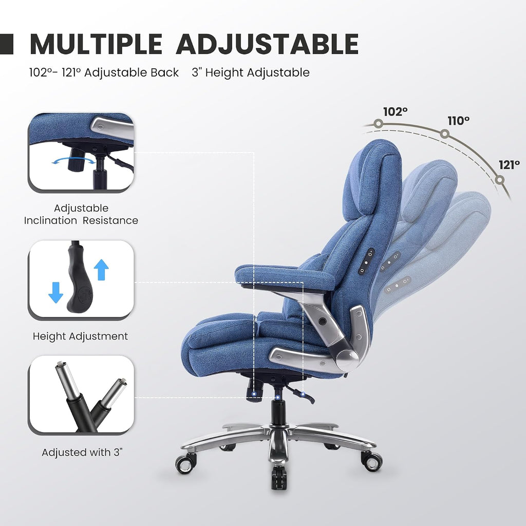 750lbs Heavy Duty Desk Chair with 3D Kneading Massage, Big and Tall Office Chairs with Ergonomic Support, 3D Armrests, 5 Quiet Dual Rubber Wheel, Thick Pocket Spring Cushion(Blue, Fabric)