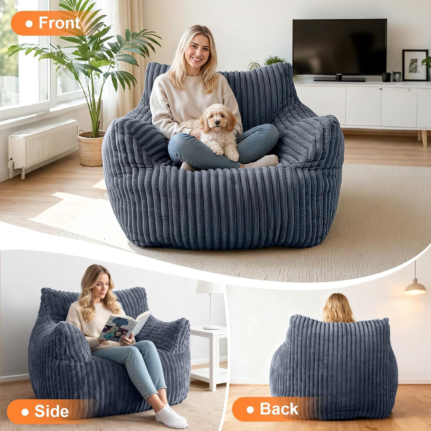 Giant Bean Bag Chair with Ottoman, Oversized Memory Foam Bean Bag Sofa for Adults and Kids, Large Comfy Fluffy Single Lounges Mini Couch for Living Room, Bedroom & Dorm(Gray)