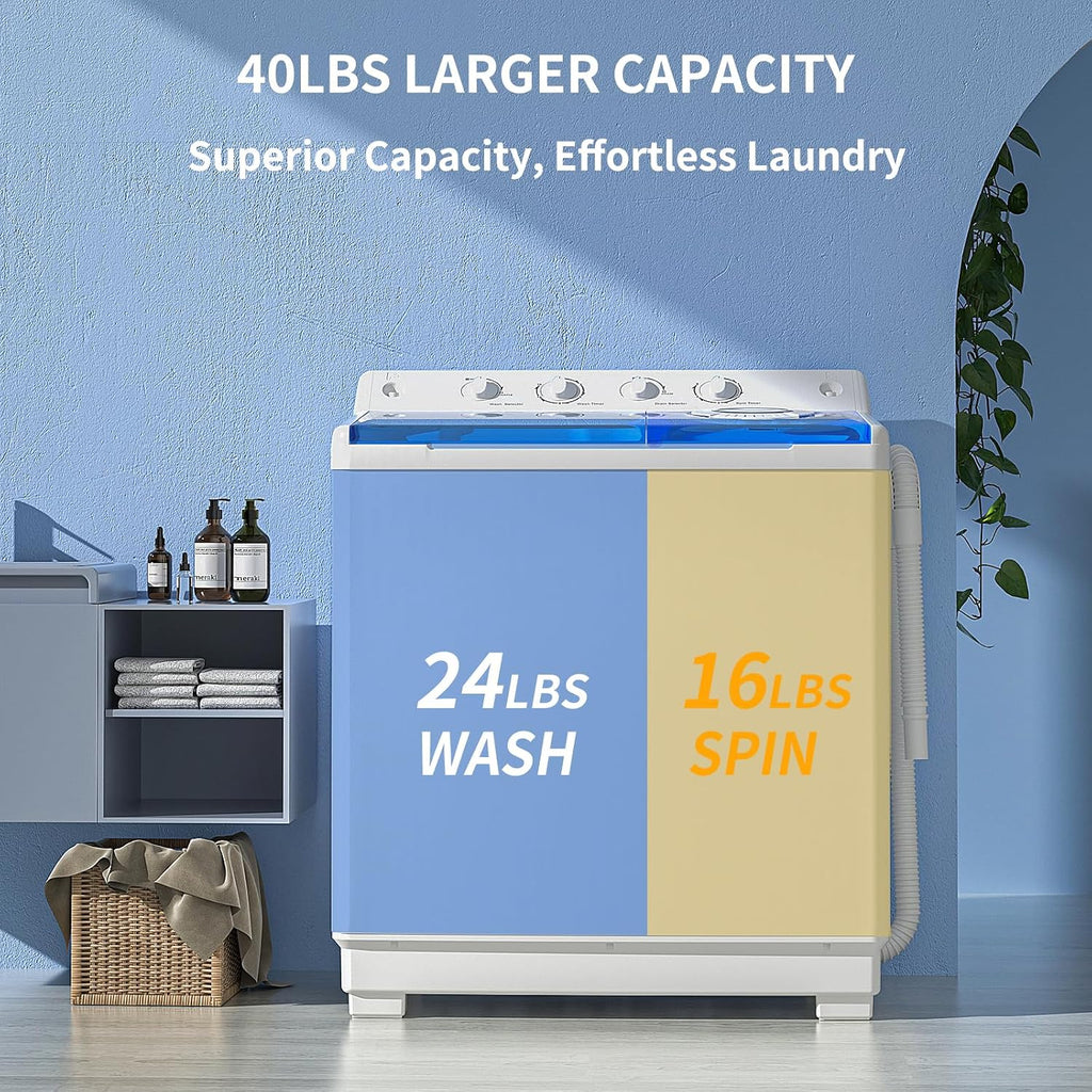 Zynkez Portable Washing Machine, 40Lbs Compact Washing machine, Twin Tub Laundry Washer Machine with Built-in Drain Pump, Semi-Automatic 24Lbs Washer and 16Lbs Spinner Combo for Apartments, Dorms, RVs